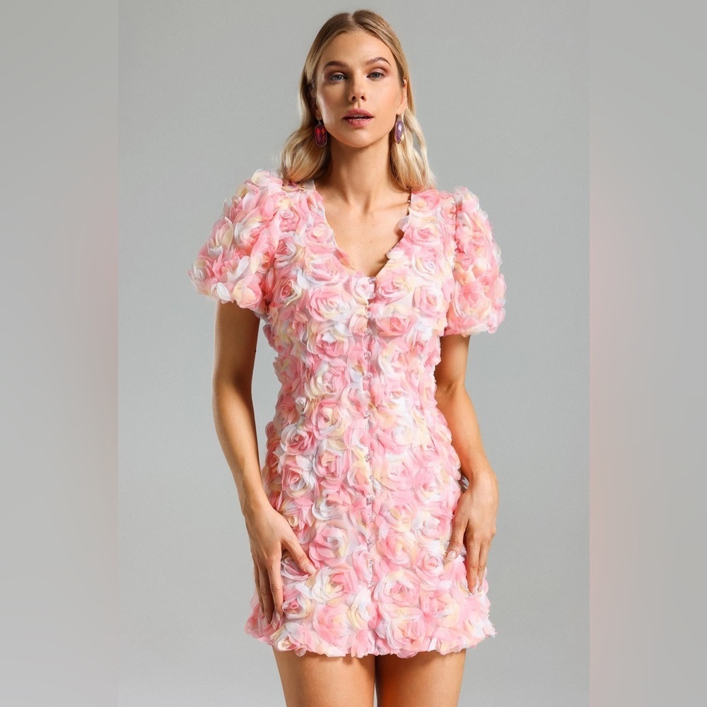 Pink Floral Mini Dress with Puff Sleeves